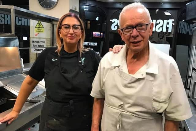 Staff member Angie Whittle with her former boss Umberto Frediani, at his chip shop in Watery Lane. Angie said: "I honestly couldn’t of asked for a better boss or friend. You just don’t get many like Umberto."