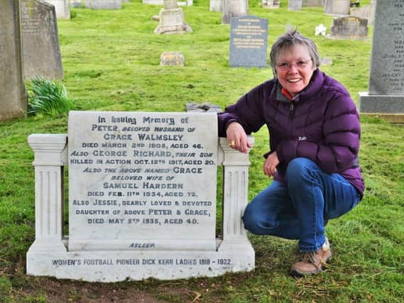 Historian Gail Newsham at the grave of Jessie Walmsley, a member of the record breaking Dick, Kerr Ladies side of the 1920s