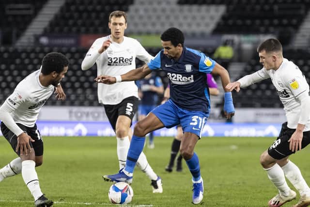 PNE winger Scott Sinclair looks for a way through against Derby at Pride Park