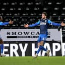 Alan Browne celebrates scoring Preston North End's winning goal at Derby with Daniel Johnson
