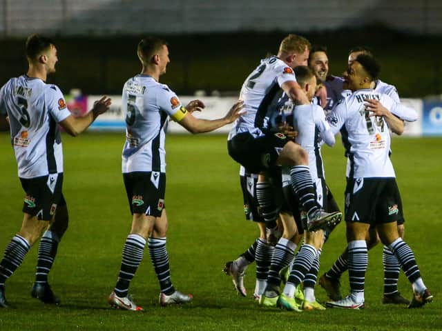 New signing Andy Owens is congratulated after scoring against AFC Fylde
(photo: Stefan Willoughby)