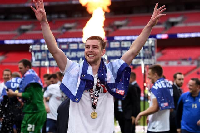 Paul Huntington celebrates after the League One play-off final at Wembley in May 2015