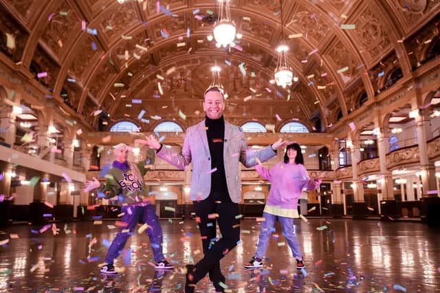 Dan Whiston launches Get Dancing at the Empress Ballroom with Aishley Bell Docherty and Samantha Bell Docherty from House of Wingz, Blackpool