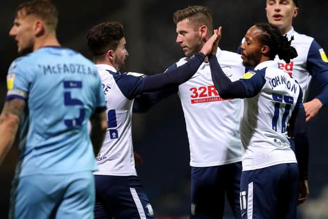 Daniel Johnson is congratulated after scoring PNE's opening goal