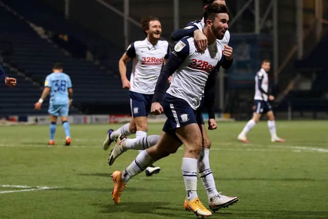 Sean Maguire celebrates scoring Preston North End's second goal against Coventry City at Deepdale