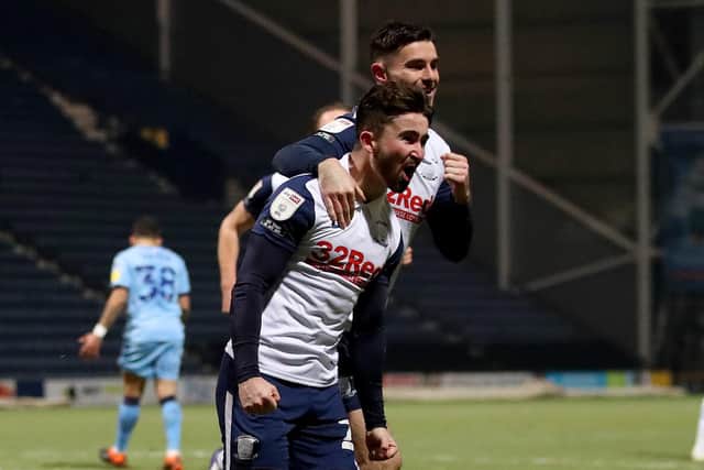 Sean Maguire celebrates scoring Preston North End's second goal against Coventry at Deepdale on Tuesday night