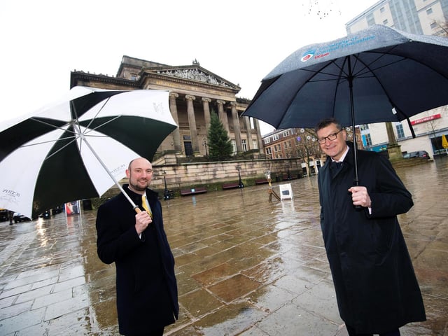 Tim Joel, Head of Culture at Preston City Council, and UCLan Vice-Chancellor Professor Graham Baldwin outside the iconic Harris Museum