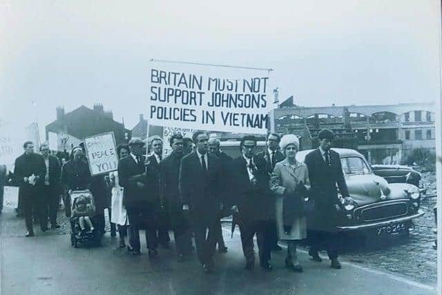 Ron Atkins, former Preston North MP , pictured front row left, protesting against British involvement in the US-led Vietnam war