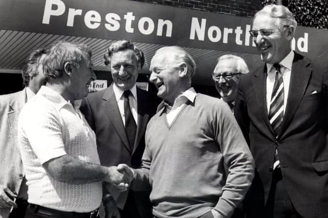 Tommy Docherty is welcomed back to Deepdale by Sir Tom Finney - and watched by the board -  after being named Preston North End manager in June 1981