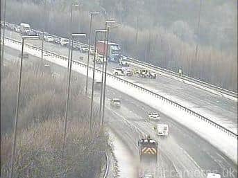 The scene of the crash on the M6 southbound between junctions 31A and 31 (Preston, Clitheroe, A59) in Preston this morning (December 31)