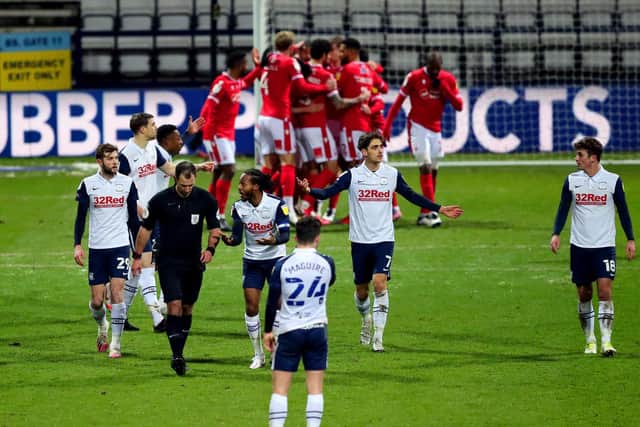 PNE skipper Daniel Johnson leads the protests after Nottingham Forest's penalty