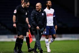 Preston North End manager Alex Neil makes his point to referee Tim Robinson at the final whistle