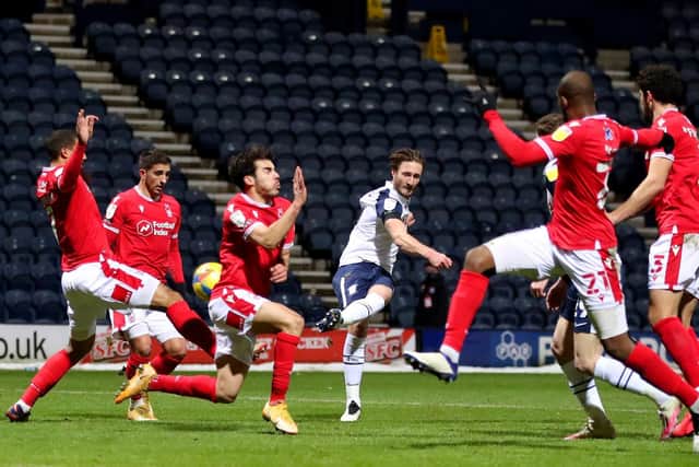 Preston North End defender Ben Davies curls a shot against the bar in the defeat to Nottingham Forest at Deepdale