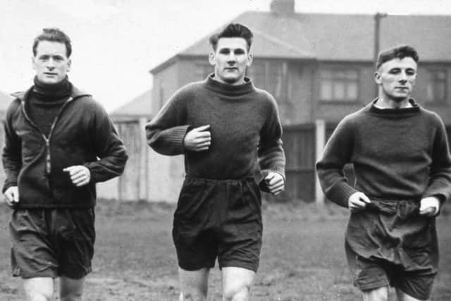 Tom Finney, Joe Marston and Tommy Docherty training with North End