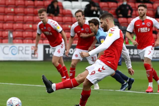 Ched Evans in action for Fleetwood Town in last season's play-off semi-final against Wycombe
