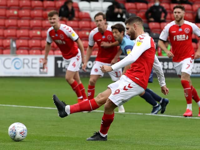 Ched Evans in action for Fleetwood Town in last season's play-off semi-final against Wycombe