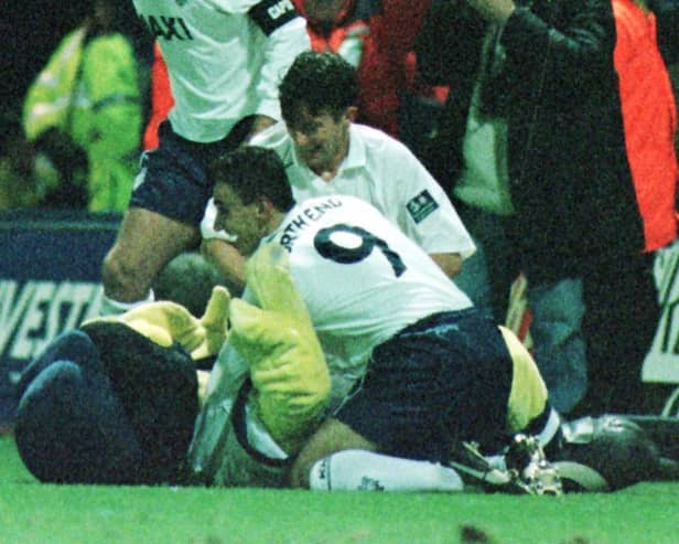 Deepdale Duck joins in with Preston North End's goal celebrations against Arsenal in January 1999 at Deepdale
