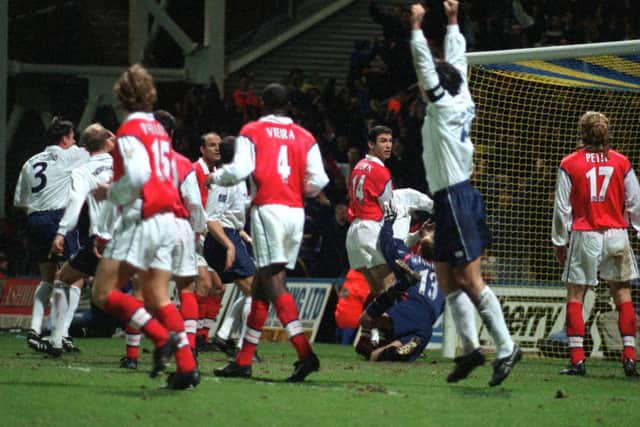 Kurt Nogan scores for PNE against Arsenal in the FA Cup in January 1999