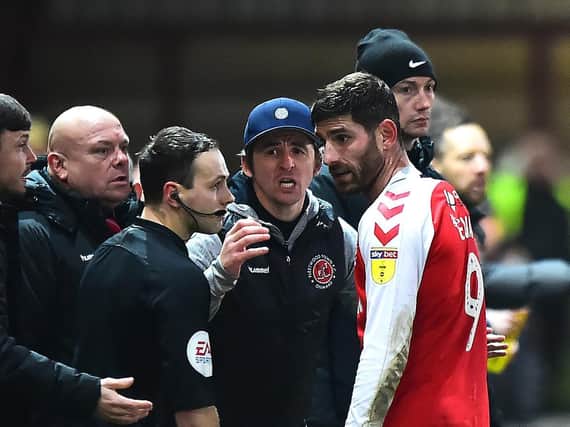 Joey Barton and Ched Evans during Fleetwood's game against Bristol Rovers in December 2019