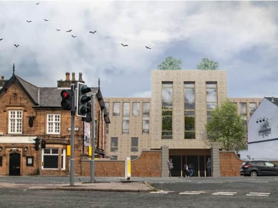 An image of how the new apartment block will look, between the Unicorn pub (left) and the Moorbrook pub next door (Image: David Cox Architects).