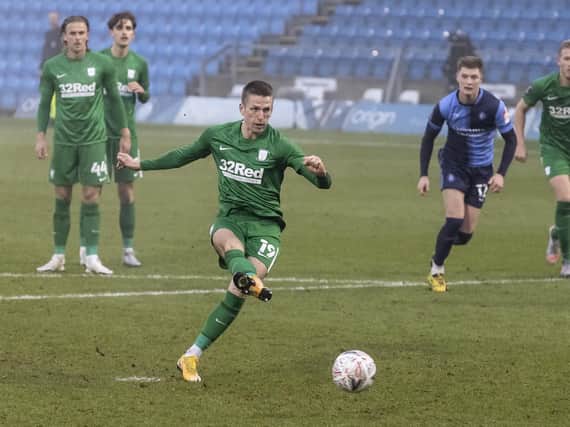 Preston North End striker Emil Riis scores from the penalty spot against Wycombe Wanderers