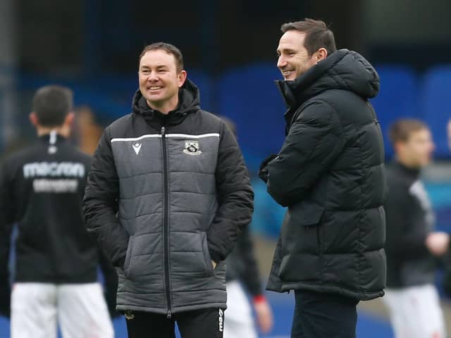 Derek Adams and Frank Lampard found time for a pre-match smile on Sunday   Picture: Getty Images