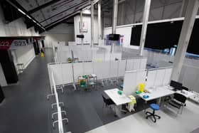 Vaccination booths are seen inside Ashton Gate Stadium in Bristol