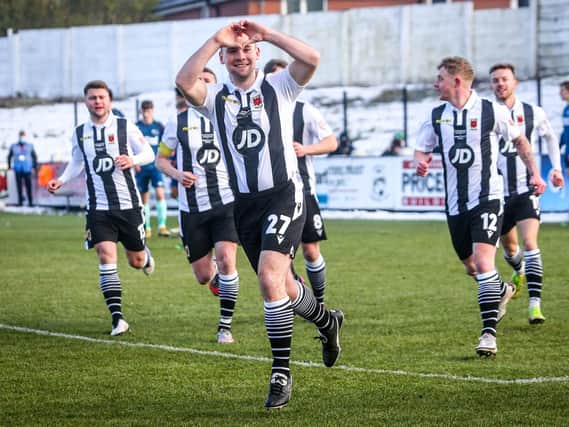 Connor Hall celebrates scoring for Chorley in the third round of the FA Cup against Derby County
(photo:Stefan Willoughby)