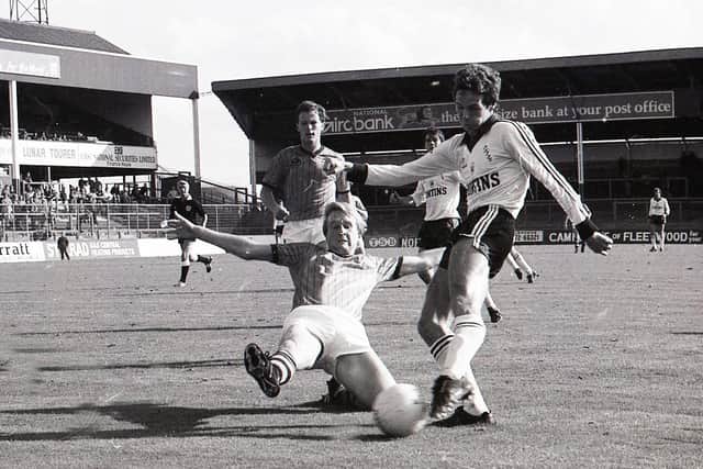 PNE striker Steve Elliott tries to get a shot away despite the attentions of a Bristol Rovers defender
