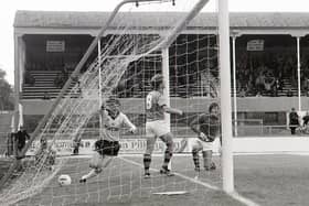 Graham Bell celebrates in the back of the net after giving Preston North End the lead against Bristol Rovers at Deepdale in September 1982