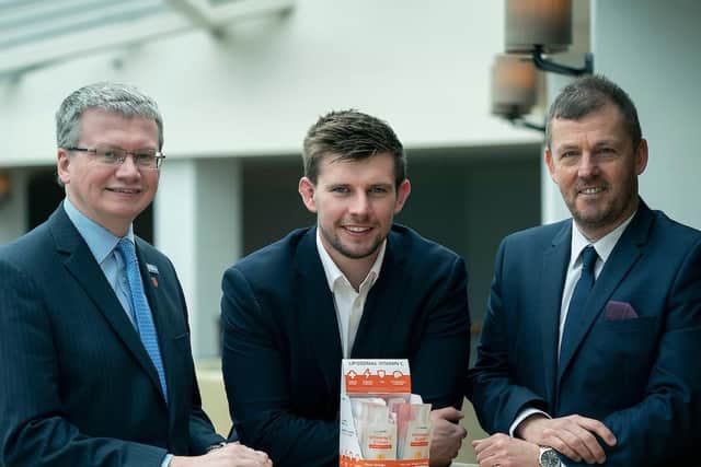 YourZooki has set its sights on expandin in the USA. Here Marcus Mollinga, centre, is pictured with County Councillor, Michael Green, left and Jonathan Nelson, from Rosebud after the firm won funding from the county support fund Rosebud