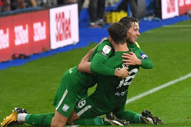 Alan Browne celebrates with Ryan Ledson after scoring against Huddersfield