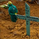 View of a cross at a COVID-19 victim's grave at the Nossa Senhora Aparecida cemetery in Manaus, Amazonas state, Brazil