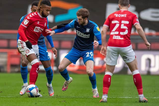 North End winger Tom Barkhuizen moves to challenges Brisol City's Kasey Palmer