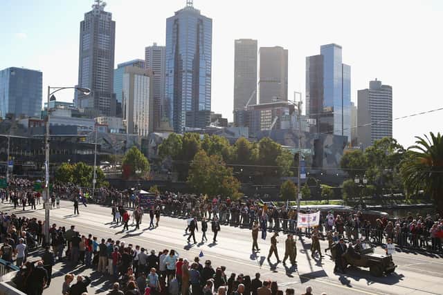 A general view during the ANZAC Day parade on April 25, in Melbourne, Australia