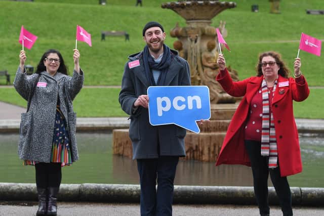 Celebrating the PCN relaunch: Jack Bamber pictured with Lindsey Barlow and  Janet Cullingford  from I-CANN. Janet is a trustee of Preston Community Network.