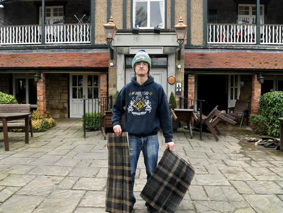 Landlord Liam Fairey pictured outside the Ribchester Arms after the last flood in February 2020