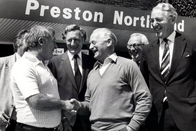 Tommy Docherty is welcomed to Deepdale by Sir Tom Finney, watched by the PNE board in June 1981