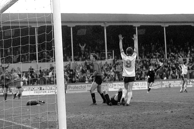 PNE striker Alex Bruce celebrates after a Southend player puts through his own goal to give North End a rare victory under Tommy Docherty
