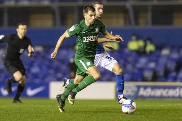 Preston North End midfielder Jayson Molumby drives forward against Birmingham City at St Andrew's