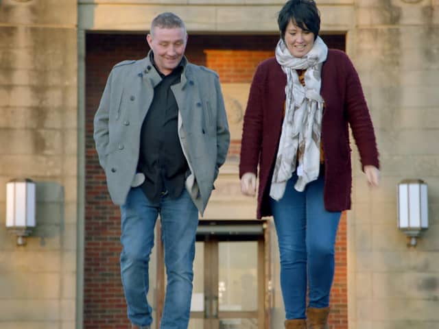 Phil Holme and Donna Cowell are reunited in Stanley Park in their hometown Blackpool after decardes apart. They share their story for Long Lost Family. ITV Pictures