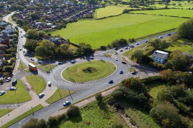 Aerial picture of the existing Skippool junction on the A585. The roundabout is to be removed and replaced with a fully-signalised crossroads as part of the £150 million A585 Windy Harbour to Skippool bypass