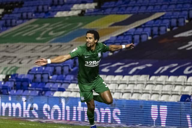 Scott Sinclair celebrates scoring in Preston North End's last away game at Birmingham