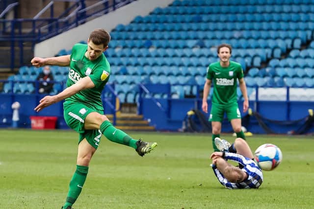Jayson Molumby has a shot in PNE's defeat at Sheffield Wednesday