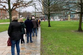Patients were trying their best to main social distancing while queuing for long hours for their jabs