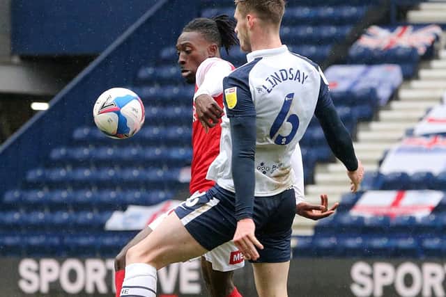 Liam Lindsay challenges for the ball against Rotherham