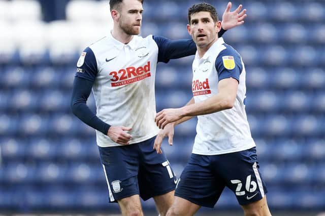 Ched Evans is congratulated by Ben Whiteman after scoring for Preston North End against Rotherham United
