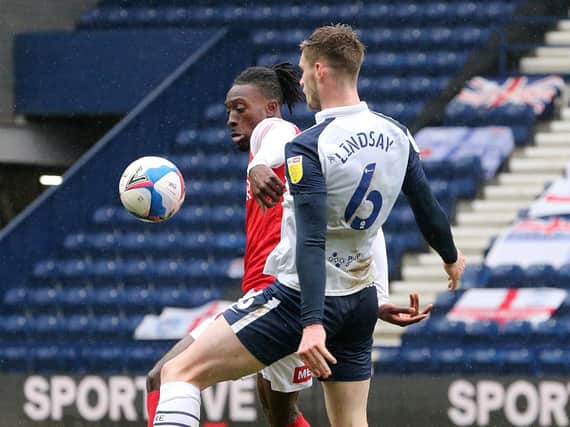 Rotherham United's Freddie Ladapo shields the ball from Preston North End's Liam Lindsay