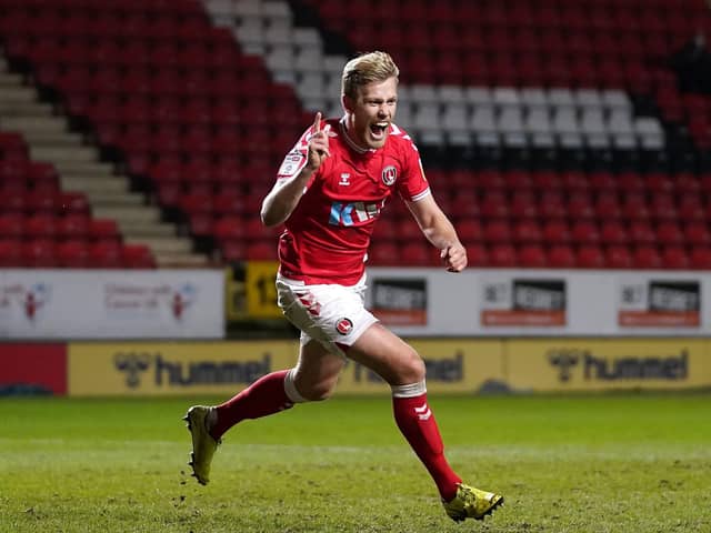 Jayden Stockley celebrates scoring for Charlton n against Portsmouth last Tuesday