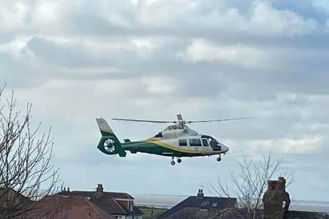 An air ambulance leaving the scene of the roof collapse in Church Brow, Bolton-le-Sands yesterday afternoon (Monday, February 8). Pic: Diane Chedgzoy